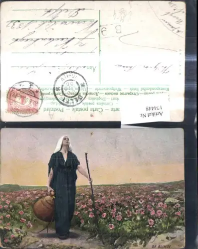 174448,Volkstypen Frau De Blinde m. Krug u. Wanderstock