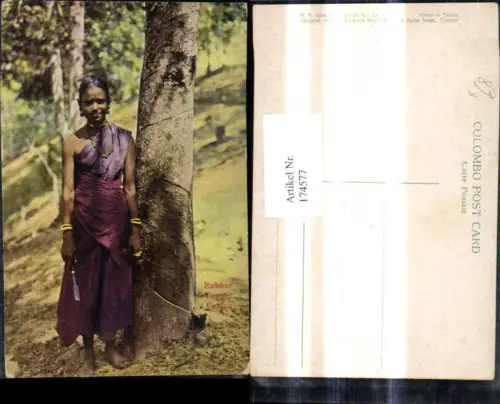 174577,Volkstypen Rubber Tapper Ceylon Frau Mädchen m. Messer b. Baum Kautschukzapferin