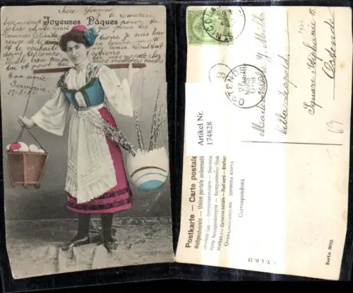 174828,Tracht Joyeuses Paques Frau Tragejoch m. Osterei Korb Ostereier Eier Belgien