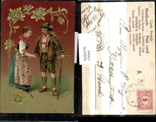 174866,Präge Litho Paar Trachten Bergsteiger Ornament Goldverzierung Edelweiss