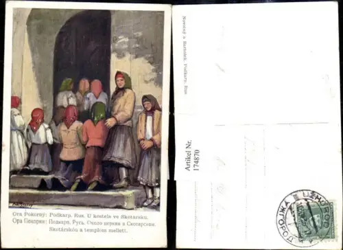 174870,Künstler Ak Ora Pokorny Frauen i. Tracht v. Kirche Gebet U kostela ve Skotarsku