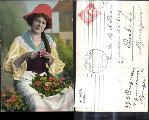 174989,Tracht Frau m. Blumen i. Schoß Zopf Niederlande