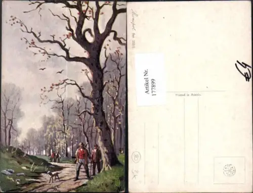 177899,Künstler AK Jagd im Wald Jäger mit Hund