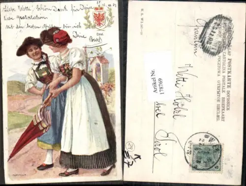 178769,Künstler AK Karpellus Volkstypen Trachten Volkstracht Tracht Tirol Tiroler Schirm