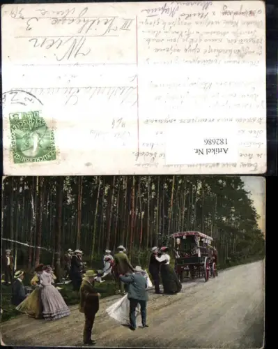 182686,Kutsche a. Waldesrand Personen Tanz Bier Bierfaß