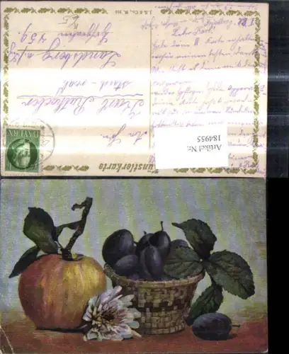 184955,Künstler Ak Stillleben Apfel Korb m. Zwetschken Pflaumen Blume Blüte Essen