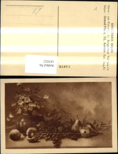 185022,Künstler Ak Stillleben Birnen Weintrauben Äpfel Blumenvase Essen