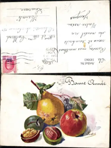 185063,Künstler Ak J. Eudes Stillleben Birne Apfel Nüsse Zweig Bonne Annee Obst Früchte Essen