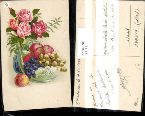 185131,Künstler Ak Essen Schale Weintrauben Äpfel Vase Blumenvase Rosen Blumen