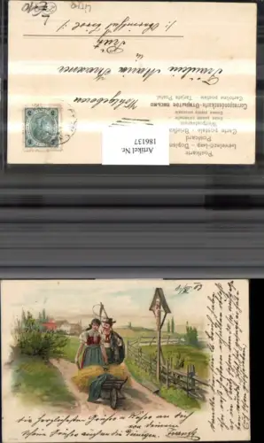 186137,Litho AK Tiroler Volkstrachten Tracht Trachten Schubkarre Sense Wegkreuz