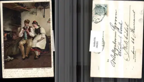 186201,Künstler AK Blume-Siebert Tiroler Volkstrachten Tracht Trachten Mann strickt Pfeife Katze