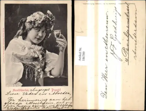 186789,Relief Frau Moselblümchen Weinglas Wein Prosit pub Herm. Storr Trarbach
