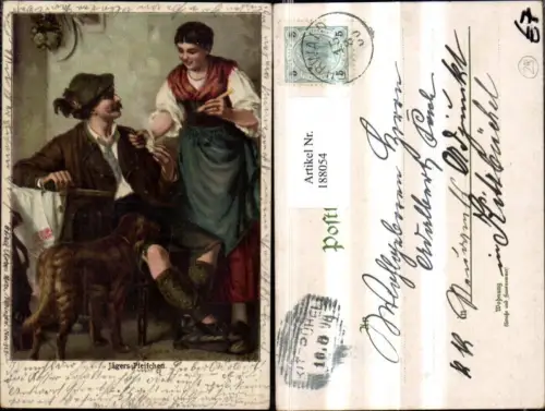 188054,Jagd Litho Jäger Jägerpfeifchen Frau Tracht Hund