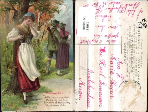 188057,Jagd Präge Litho Frau v. Jäger f. Andere Frau verlassen Spruch Tracht Typen