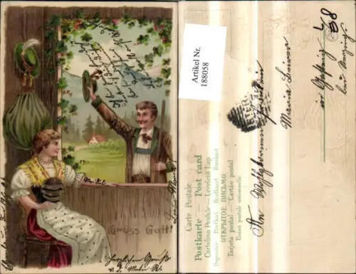188058,Jagd Präge Litho Jäger Grüss Gott Frau a. Fenster Goldverzierung