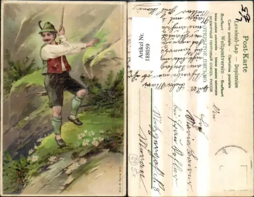188059,Jagd Präge Litho Jäger a. Seil a. Berg Blumen