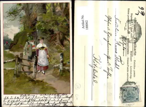 188062,Jagd Litho Jäger u. Frau a. Weg Zaun