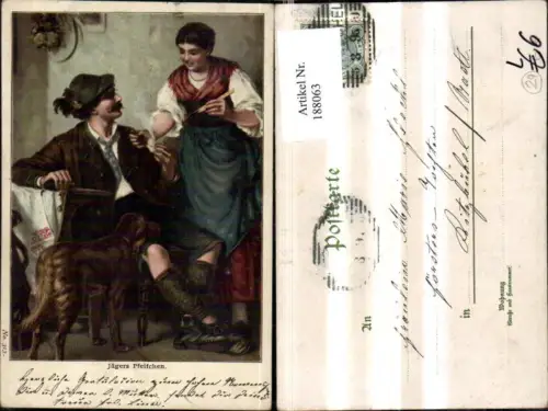 188063,Jagd Litho Jäger Jägerpfeifchen Frau Tracht Hund