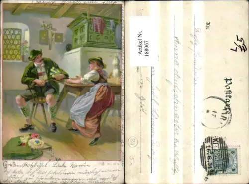 188067,Jagd Litho Jäger i. Stube m. Frau Blumen