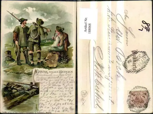 188068,Jagd Litho Jäger a. Fluss Floß Pfeife Gruß a. d. Bergen