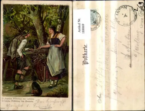 188069,Jagd Litho Jäger u. Frau b. Baum Hund Spruch
