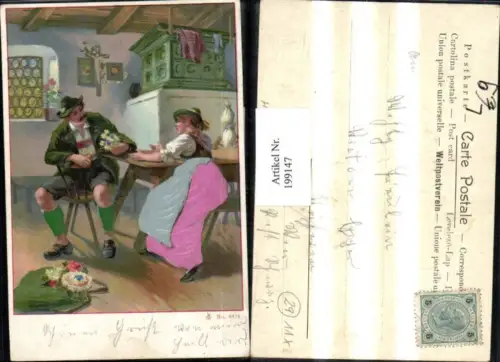199147,Litho Präge AK Tiroler Volkstrachten Tracht Pfeife Blumen Zimmer