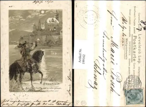 199162,Litho Präge AK Trompeter von Säckingen Märchen Abschied Trompete Pferd Mondschein