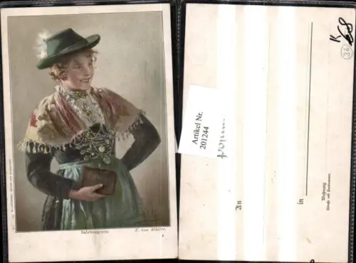 201244,Künstler AK E. von Müller Salzburger Trachten Österreich Tracht Salzburgerin m. Hut