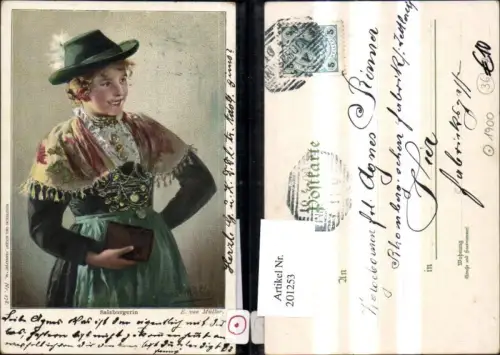201253,Künstler AK E. von Müller Salzburger Trachten Tracht Österreich Salzburgerin m. Hut