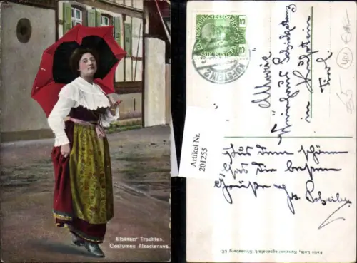 201255,Elsässer Trachten Tracht Frankreich Frau m. Schirm