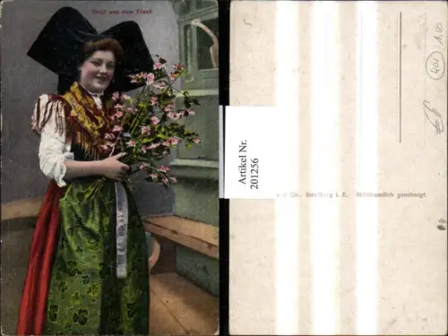 201256,Elsässer Trachten Tracht Frankreich Frau m. Blumenstrauß Hut