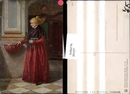 201257,Künstler AK Fritz Steinmetz-Noris Linzer Trachten Tracht Österreich Linzerin i. d. Kirche Weihwasser