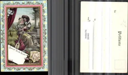 205403,Märchen Trompeter von Säckingen „Behüt dich Gott“ Frau m. Kleid Hund Mandoline Rose