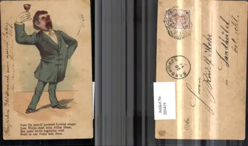 205419,Litho AK Betrunkener Mann m. Weinglas Wein