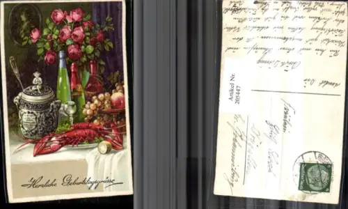 205447,Tisch bedeckt m. Hummer Fisch Weintrauben Apfel Sekt Wein Glas Rosen