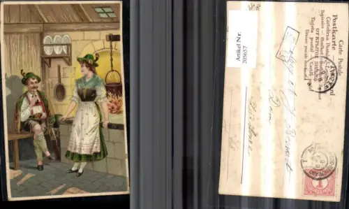 205657,Präge Litho Berufe Jagd Jäger m. Pfeife u. Frau Dirndl v. Holzofen Kessel a. Feuer Goldverzierung