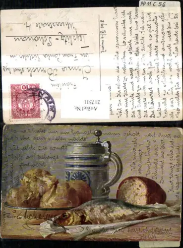217511,Essen Künstler Ak M. Billing Stillleben Fisch Brot Bierkrug Krug