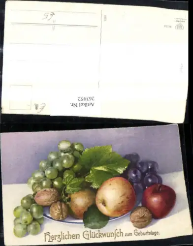 263952,Künstler Ak Stillleben Teller m. Obst Äpfel Nüsse Weintrauben Geburtstag