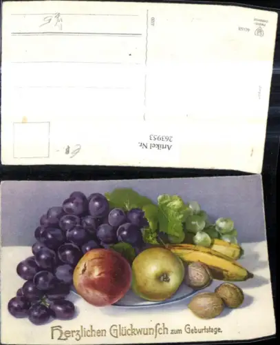 263953,Künstler Ak Stillleben Teller m. Obst Äpfel Nüsse Weintrauben Geburtstag