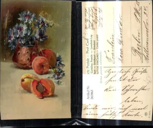263963,Künstler Ak Stillleben Marillen Obst Vase m. Kornblumen Blumenvase