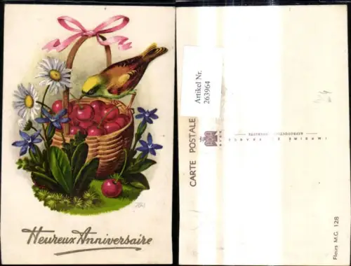 263964,Künstler Ak Korb m. Kirschen Obst Vogel Blumen Heureux Anniversaire