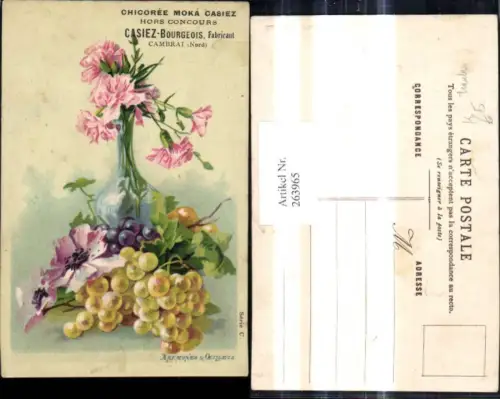 263965,Künstler Ak Weintrauben Trauben Essen Blumen Vase m. Nelken Blumenvase Anemones Oeillets
