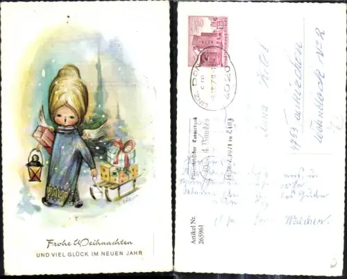 265961,Künstler Ak A. Adam Weihnachten Engel m. Geschenke Schlitten Laterne Stempel Turnfest Turnerbund Linz 1971
