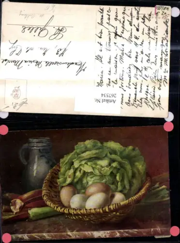 267534,Künstler Ak M. Billing Stillleben Essen Korb m. Salat Eier Rhabarber Krug