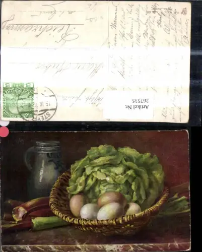 267535,Künstler Ak M. Billing Stillleben Essen Korb m. Salat Eier Rhabarber Krug
