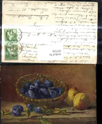 267536,Künstler Ak M. Billing Stillleben Essen Korb m. Zwetzschken Pflaumen Birnen