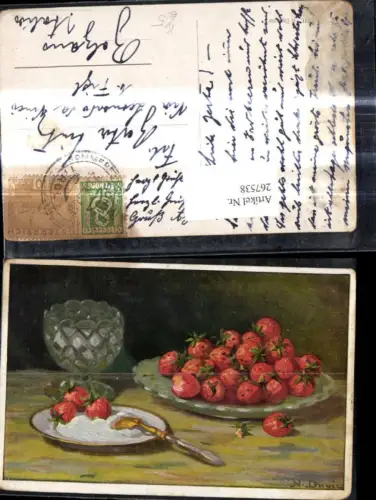 267538,Künstler Ak N. Davil Stillleben Essen Teller m. Erdbeeren Löffel Schale m. Sahne Glas