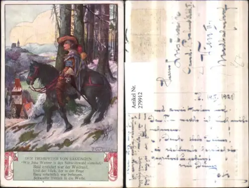279912,Künstler AK T. Welzl Sage Trompeter v. Säckingen Pferd Dorf Winterbild Spruch Text pub Brüder Kohn 424/2