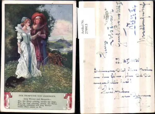279913,Künstler AK T. Welzl Sage Trompeter v. Säckingen m. Frau Kleid schwarze Katze Spruch pub Brüder Kohn 424/4