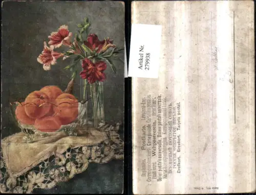 279938,Künstler AK M. Billing Essen Stillleben Orangen Früchte Vase Blumen